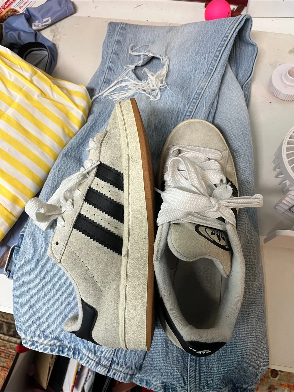 adidas Off-White Suede Sneakers with Black Three Stripes